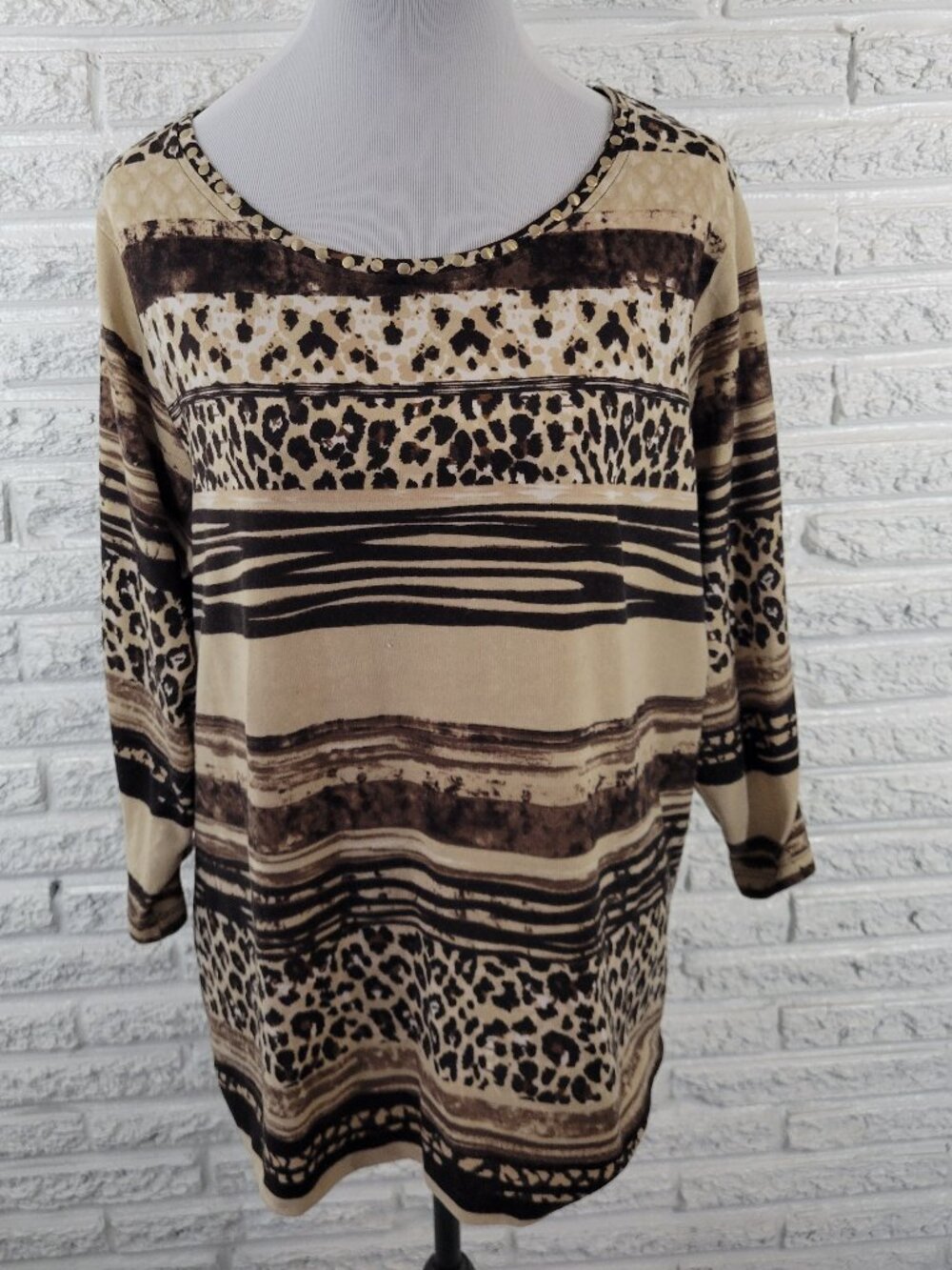Allison Daley Women’s Plus Size XL Top Brown Animal Print Studded ANI48E